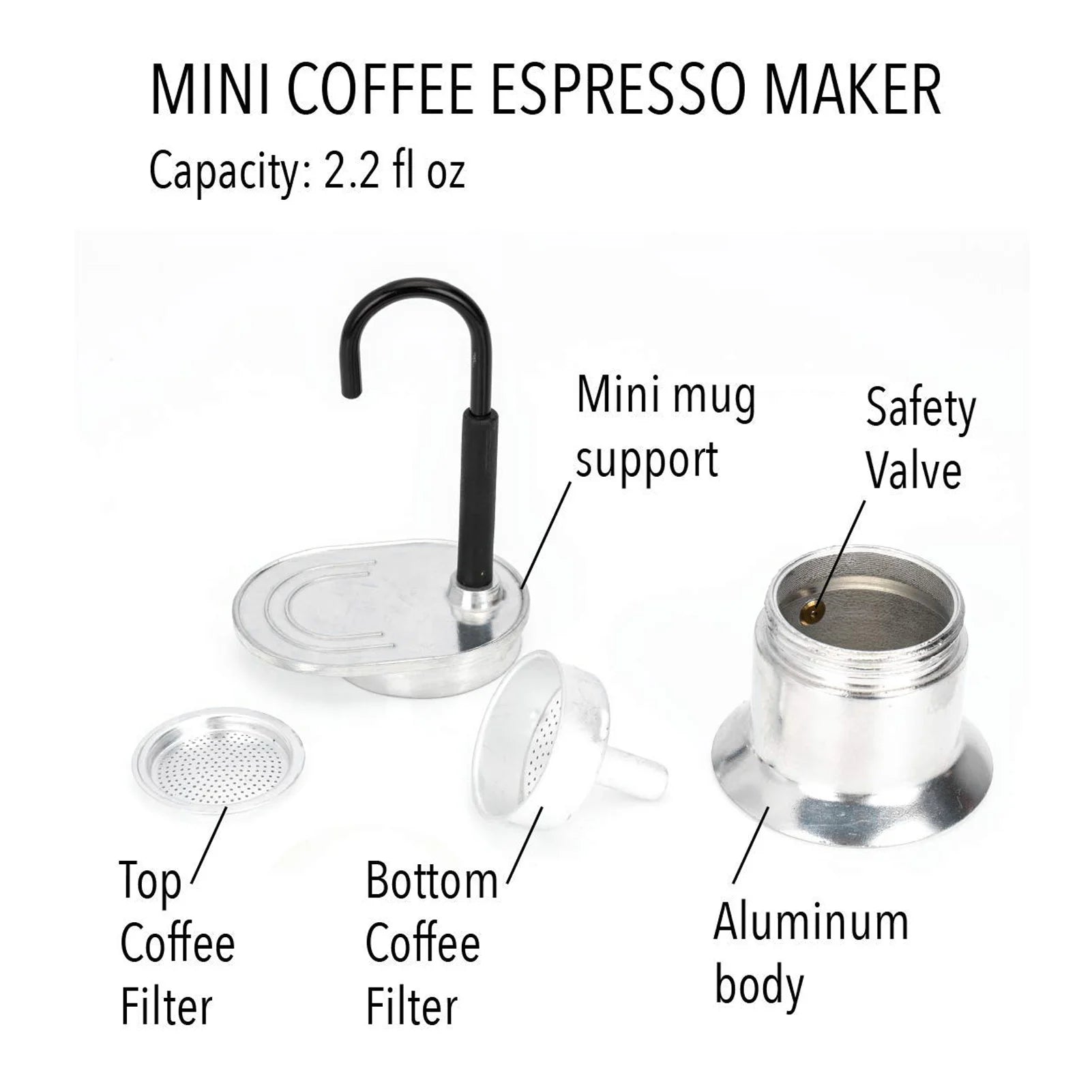 50ML Single Tube Moka Pot Cup Aluminum Alloy Spout Stovetop Italian Coffee Maker for Outdoor Parties Travel Kitchen Accessories